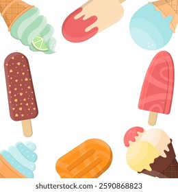 Ice Cream Frame. Summer Sweets Background. Cold Food, Frozen Icecream Backdrop. 