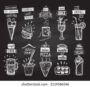 Helados, jugo fresco, sándwiches, bebidas frías, cerveza de artesanía, comida china, pizza italiana, sushi y panecillos, verduras hambrientas - menú vectorial colección de símbolos tiza con fondo de pizarra