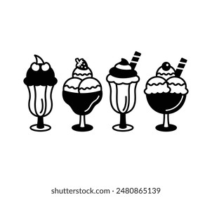 ice cream fresh strawberry vanilla chocolate in glass icons symbol vector design illustration black white color isolated