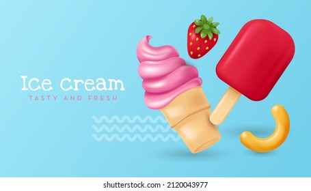 Eis mit frischer Erdbeere. Vektorgrafik im 3D-realistischen Stil