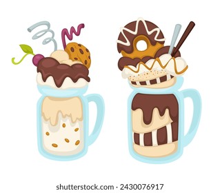 Ice cream frozen dessert with chocolate topping, cookies and donuts, waffles and tastes. Isolated cups with gelato and fancy decor. Cafe or restaurant serving for clients. Vector in flat style