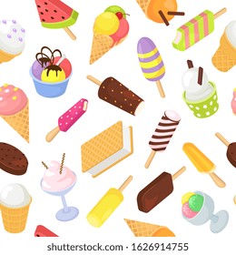 Ice cream frozen dessert food sweets seamless pattern vector illustration. Various ice cream vanilla, chocolate, fruits and berries flavour, in cone, waffle isolated isometric background collection.