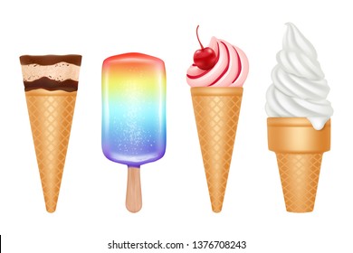 Ice cream. Frozen dessert in hot summer vanilla strawberry and chocolate ice cream with toppings vector realistic collection