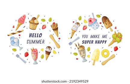 Ice Cream as Frozen Dessert and Snack with Inscription Round Vector Composition Set