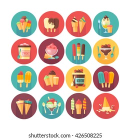 Ice cream, frozen desserts and sweets icon collection. Flat vector circle icons set with long shadow.