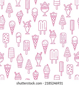 Ice cream frozen sundae, scoop and cone seamless pattern. Frozen dessert and parlour sweets background, fruit ice cream outline vector seamless pattern. Wrapping paper decor with sorbet and popsicle