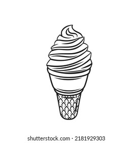 Ice cream, frozen yogurt or soft serve vanilla gelato in waffle cup outline icon vector illustration. Hand drawn line fresh sundae swirl in wafer cone, whipped ice cream treat and symbol of summer