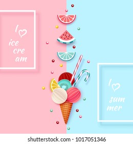 Ice cream, Fruit, 3D, Pastel. Abstract background with ice cream cone, lime, lemon, orange, kiwi and watermelon in paper cut style. Minimalist pastel summer food concept. Vector illustration