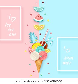 Ice cream, Fruit, 3D, Pastel. Abstract background with ice cream cone, lime, lemon, orange, kiwi and watermelon in paper cut style. Minimalist pastel summer food concept. Vector illustration