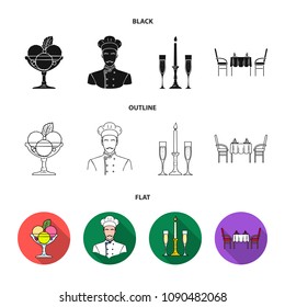 Ice cream with fruit, chef, candle and glasses, a covered table.Restaurant set collection icons in black,flat,outline style vector symbol stock illustration web.