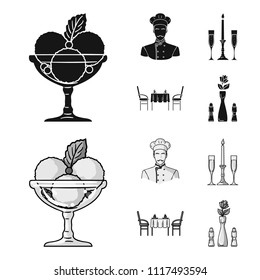 Ice cream with fruit, chef, candle and glasses, a covered table.Restaurant set collection icons in black,monochrome style vector symbol stock illustration web.