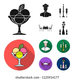 Ice cream with fruit, chef, candle and glasses, a covered table.Restaurant set collection icons in black, flat style vector symbol stock illustration web.