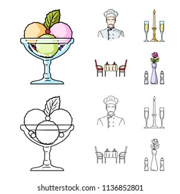 Ice cream with fruit, chef, candle and glasses, a covered table.Restaurant set collection icons in cartoon,outline style vector symbol stock illustration web.