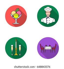 Ice cream with fruit, chef, candle and glasses, a covered table.Restaurant set collection icons in flat style vector symbol stock illustration web.