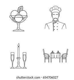 Ice cream with fruit, chef, candle and glasses, a covered table.Restaurant set collection icons in outline style vector symbol stock illustration web.