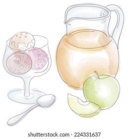 Ice cream, fruit and juice, uses transparency and multiply effect for color