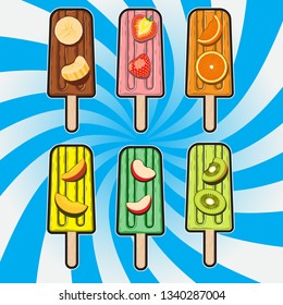 ice cream fruit kiwi strawberry orange Apple banana peach. Vector image. EPS