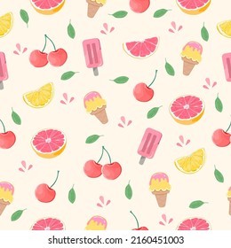 Ice cream and fruit on colorful background .Summer pattern. Colorful pattern
