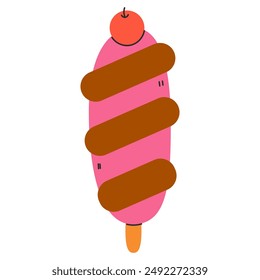 Helado. Paletas de hielo de frutas, golosina congelada de frutas aislada en blanco. Yogur rosa congelado en palo de madera. Postre dulce refrescante de verano. Ilustración vectorial aislada.