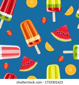 Ice cream, fruit ice seamless pattern. Colorful summer seamless pattern with tropical fruits and ice cream. Wrapping paper, fabric, wallpaper, background design.