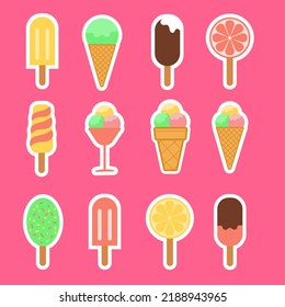 Ice cream fruit ice sticker pack icon, flat design vector illustration set of sticker icons on pink background