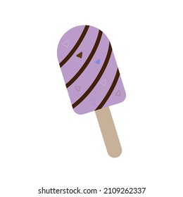 Ice cream fruit. Striped blueberry ice cream on a stick. Delicious dairy product for gourmets. Harmful, cold, high-calorie food in summer. Ice cream isolated element. Vector illustration