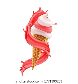 Ice cream with fruit topping in wafer cone icon. 3d vector realistic illustration.