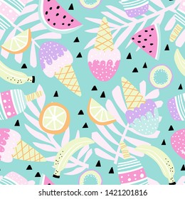 Ice cream, fruit and tropical leaves handdrawn seamless pattern on white background. Color vector backdrop in a cartoon style.