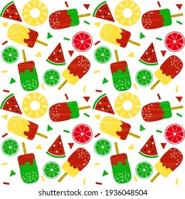 Ice cream fruit, tropical, textured. Seamless vector illustration with sweet and cold dessert menu.