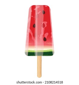 Ice Cream And Fruit Ice Watermelon Isolated On A White Background. Summer Dessert With Texture And Watercolor Effect. Fruit Popsicle On A Stick. Stock Vector Illustration. EPS 10.