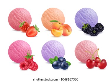 Ice cream with fruits and berries. Peach, strawberry, raspberry, blueberry, cherry. 3d realistic vector image
