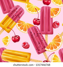 Ice cream, fruits and berries seamless pattern