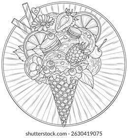 Ice cream with fruits and berries.Coloring book antistress for children and adults. Illustration isolated on white background.Zen-tangle style.