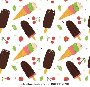 Ice cream, fruits and mint seamless pattern. Horn and two types of chocolate ice cream on a stick. Vector illustration in a flat style