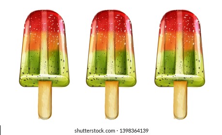 Ice cream fruits pattern Vector watercolor. Delicious kiwi and strawberry desserts