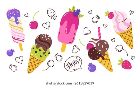 Ice cream with fruits a set of cartoon desserts. Chocolate, and berry flavor balls of ice cream. Trending doodle stickers