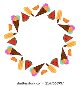 Ice cream and fruits vector round frame illustration. Sweets background. Frozen juice decoration. Greeting card, beach party invitation, commercial design.