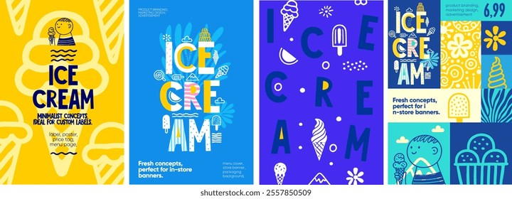 Ice Cream. Fun and cheerful ice cream designs with vibrant colors and hand-drawn illustrations, ideal for posters, packaging, and in-store branding.