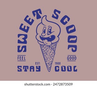 Ice cream funny cartoon t shirt Design, vintage ice cream poster design, sweet scoop ice cream typography artwork for graphic print 