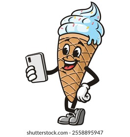 Ice Cream with gadget,  Cartoon Character Mascot Illustration Vector Clip-art Hand-drawn Logo Design