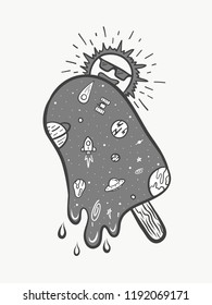 Ice cream galaxy is melting because the sun is near. Doodle drawn by hand. Vector illustration.