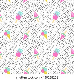 Ice cream geometric seamless pattern in 80s, 90s style. Modern print, wrapping paper, cards, posters, banners designs. Vector illustration