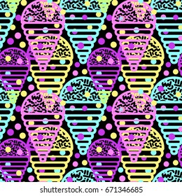 Ice cream geometrical  seamless pattern. Memphis style  trendy 80s-90s style cartoon hand drawn motifs .