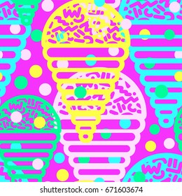 Ice cream geometrical  seamless pattern. Memphis style  trendy 80s-90s style cartoon hand drawn motifs .Perfect funky vector background with Pop art flovor for textile,wrapping, decoration.