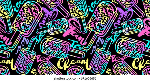 Ice cream geometrical  seamless pattern. Memphis style  trendy 80s-90s style cartoon hand drawn motifs .Perfect funky vector background with Pop art flovor for textile,wrapping, decoration.