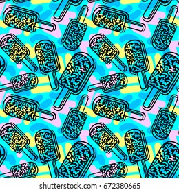 Ice cream geometrical  seamless pattern. Memphis style  trendy 80s-90s style cartoon hand drawn motifs .Perfect funky vector background with Pop art flovor for textile,wrapping, decoration.