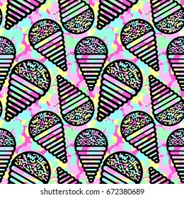 Ice cream geometrical  seamless pattern. Memphis style  trendy 80s-90s style cartoon hand drawn motifs .Perfect funky vector background with Pop art flovor for textile,wrapping, decoration.