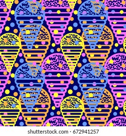 Ice cream geometrical  seamless pattern. Memphis style  trendy 80s-90s style cartoon hand drawn motifs .Perfect funky vector background with Pop art flovor for textile,wrapping, decoration.