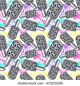 Ice cream geometrical  seamless pattern. Memphis style  trendy 80s-90s style cartoon hand drawn motifs .Perfect funky vector background with Pop art flovor for textile,wrapping, decoration.