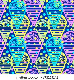 Ice cream geometrical  seamless pattern. Memphis style  trendy 80s-90s style cartoon hand drawn motifs .Perfect funky vector background with Pop art flovor for textile,wrapping, decoration.